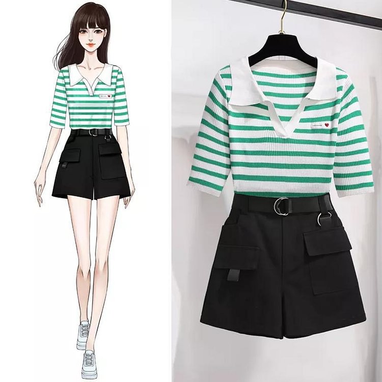 Casual Stripe Knit Tee+Shorts P10633