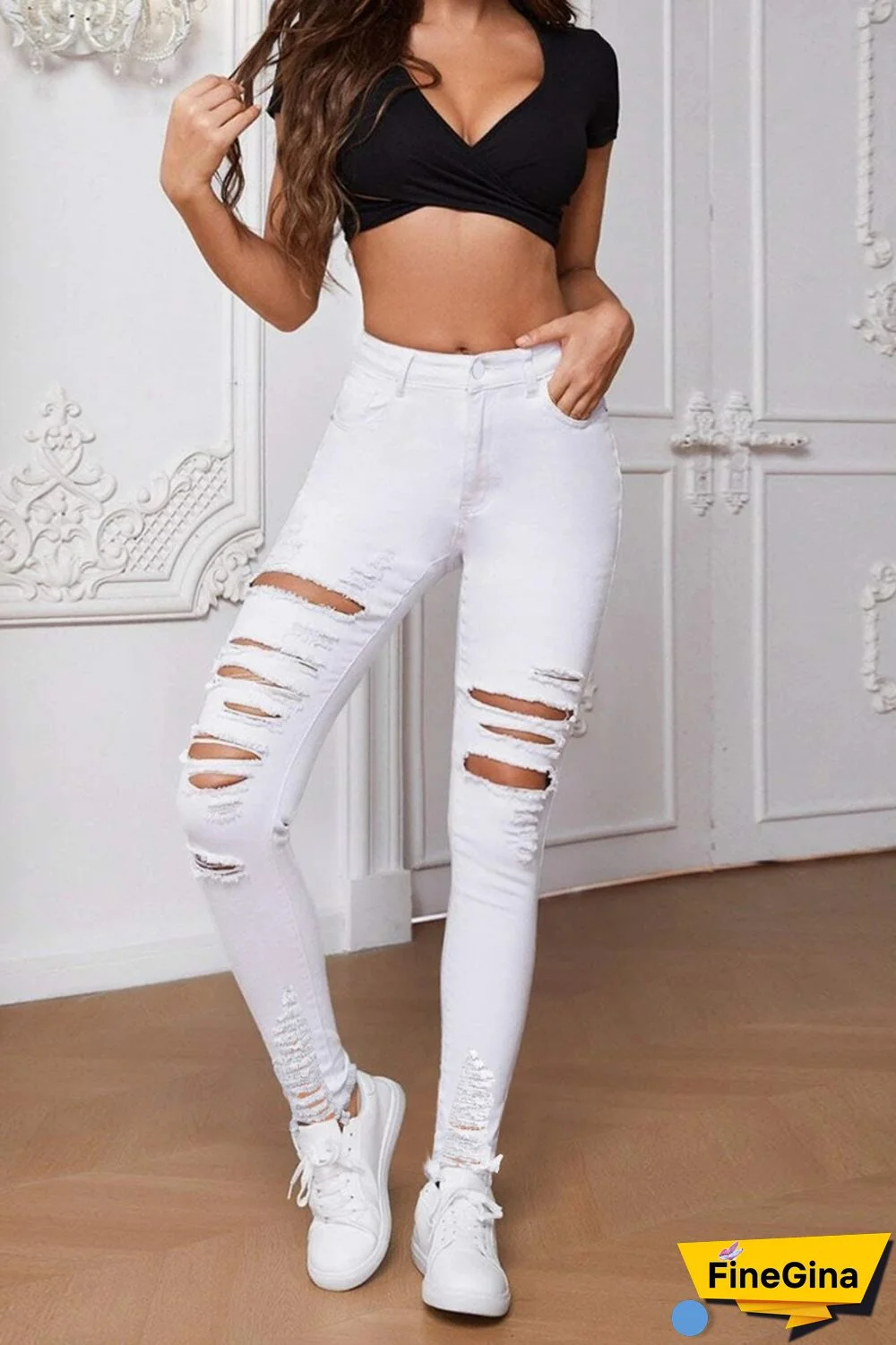 White Casual Solid Ripped Patchwork High Waist Skinny Denim Jeans