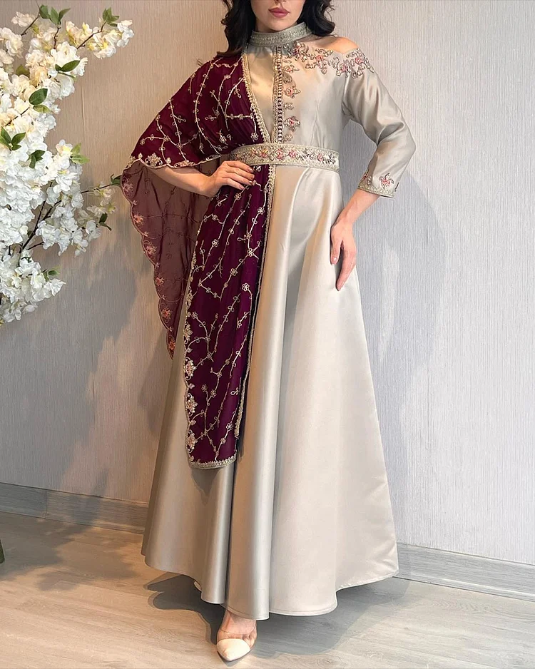 Women's Off Shoulder Long Sleeve Embroidered Dress