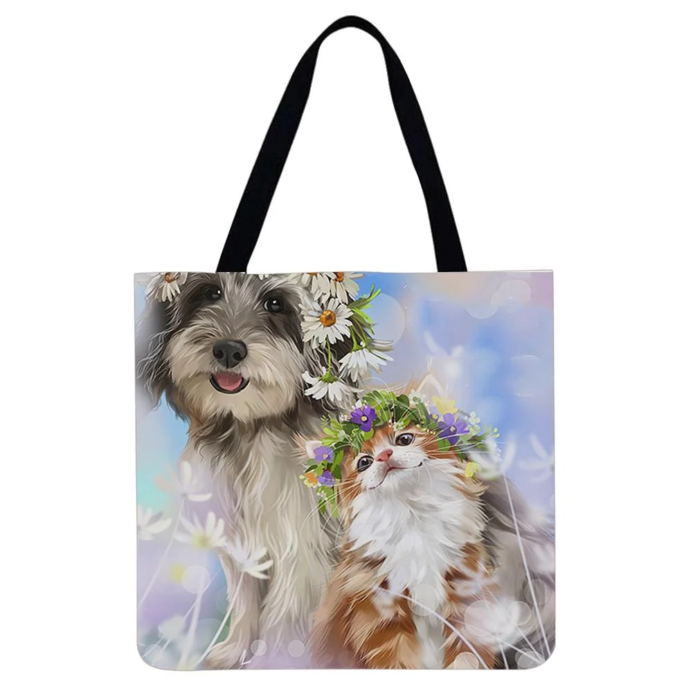 Linen Tote Bag -  Flowers And Dog