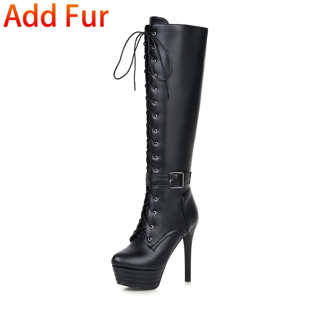 BONJOMARISA Plus Size 31-45 shoes lace 13 Cm Super High Heels Mortorcycle Boots Women 2020 Fashion High Platform Shoes Woman