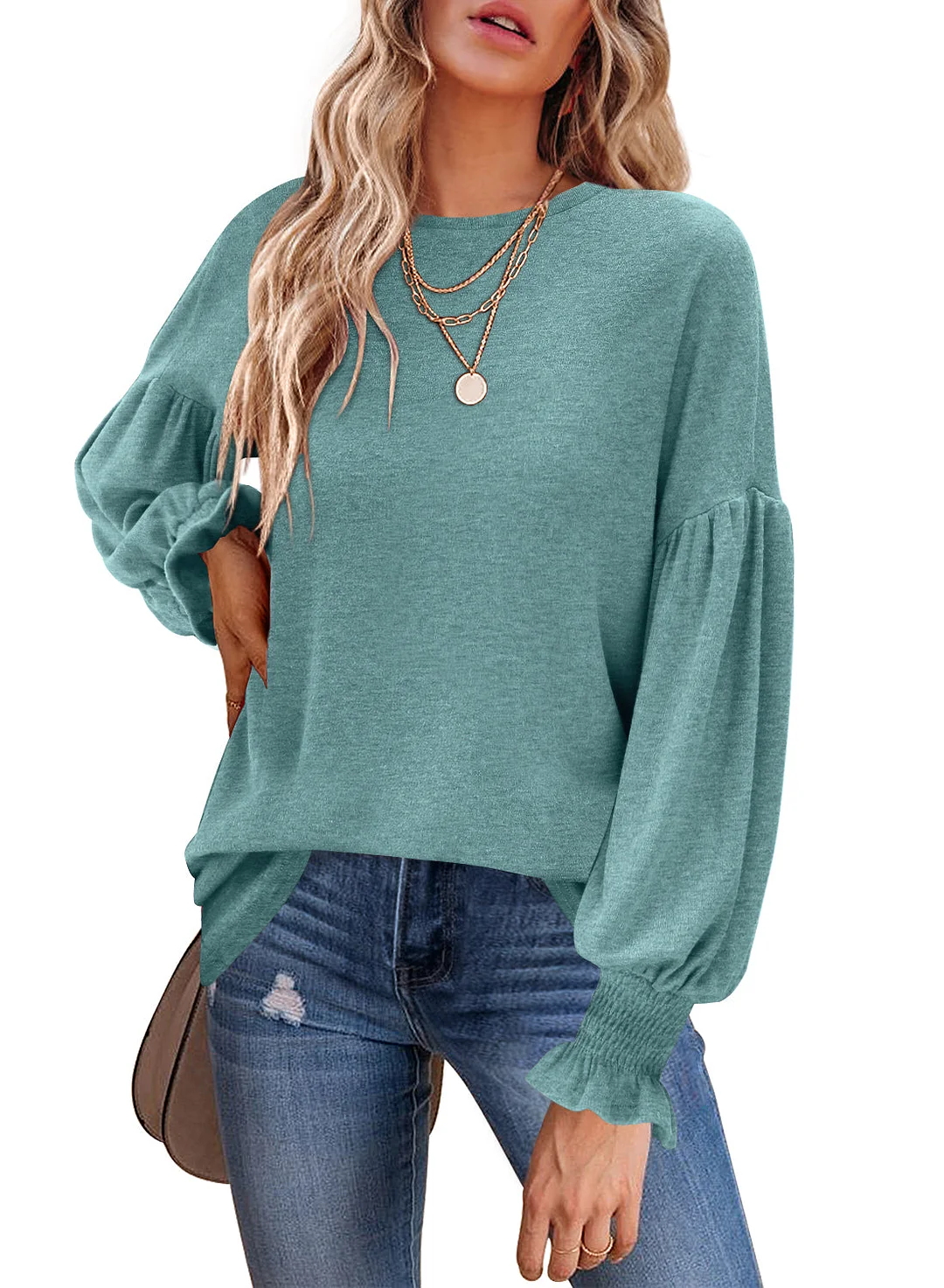 MIHOLL Womens Long Sleeve Top Crew Neck Ruffle Lantern Sleeve Casual Loose Blouse T Shirts
