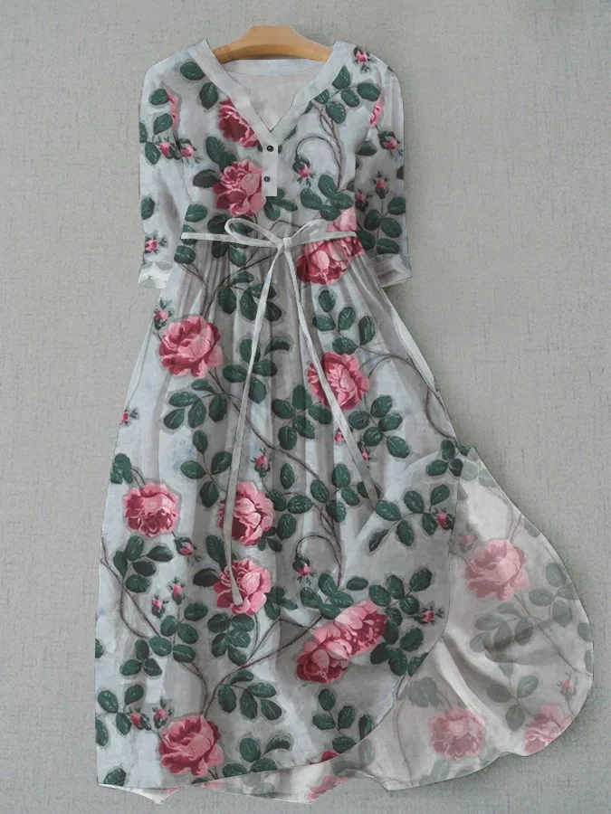 Women's Vintage Botanical Floral Print Pocket Lace-Up Dress