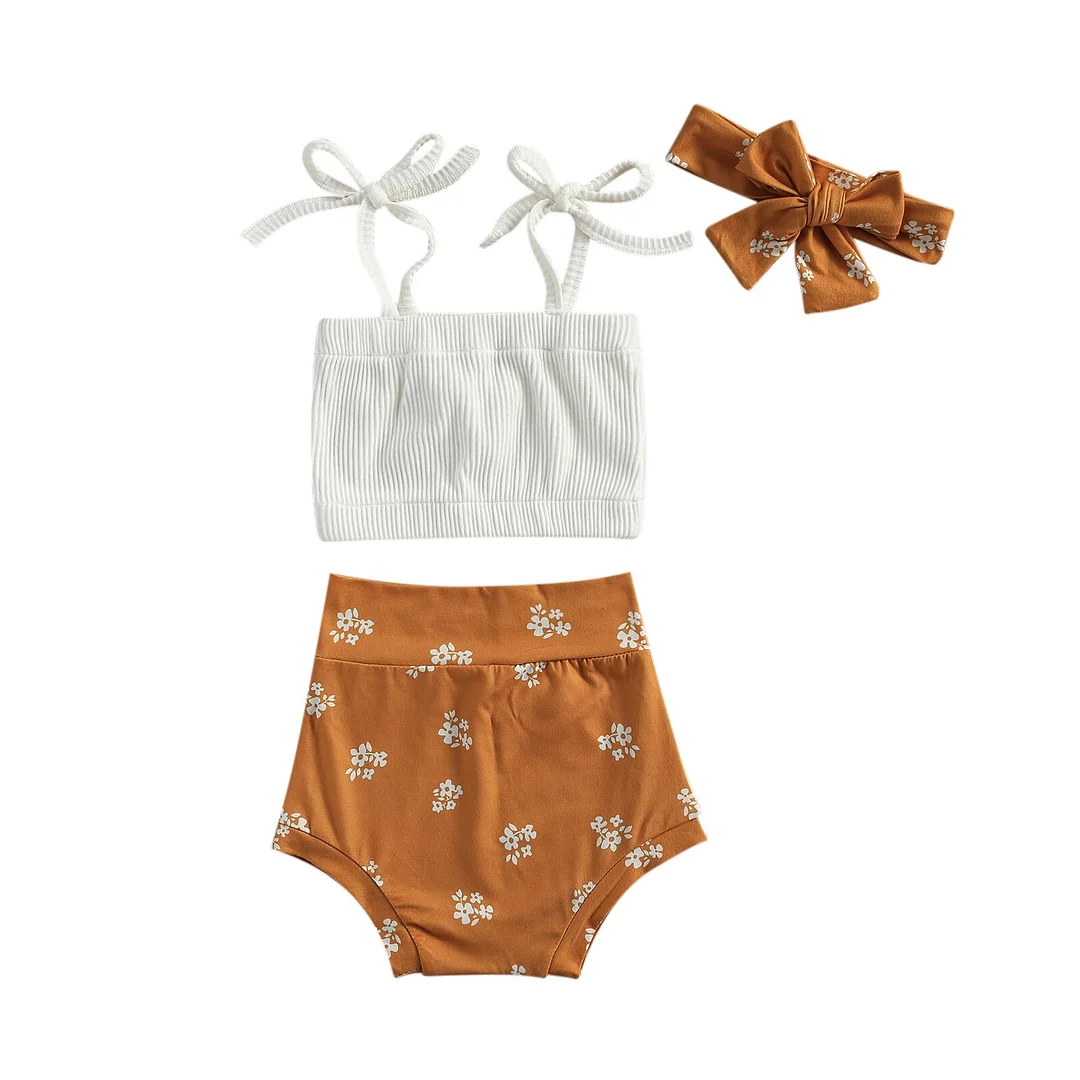 Infant Newborn 3Pcs Baby Girl Summer Outfits, Bow Tie Strap Ribbed Tank Tops + Short Pants + Headband Set