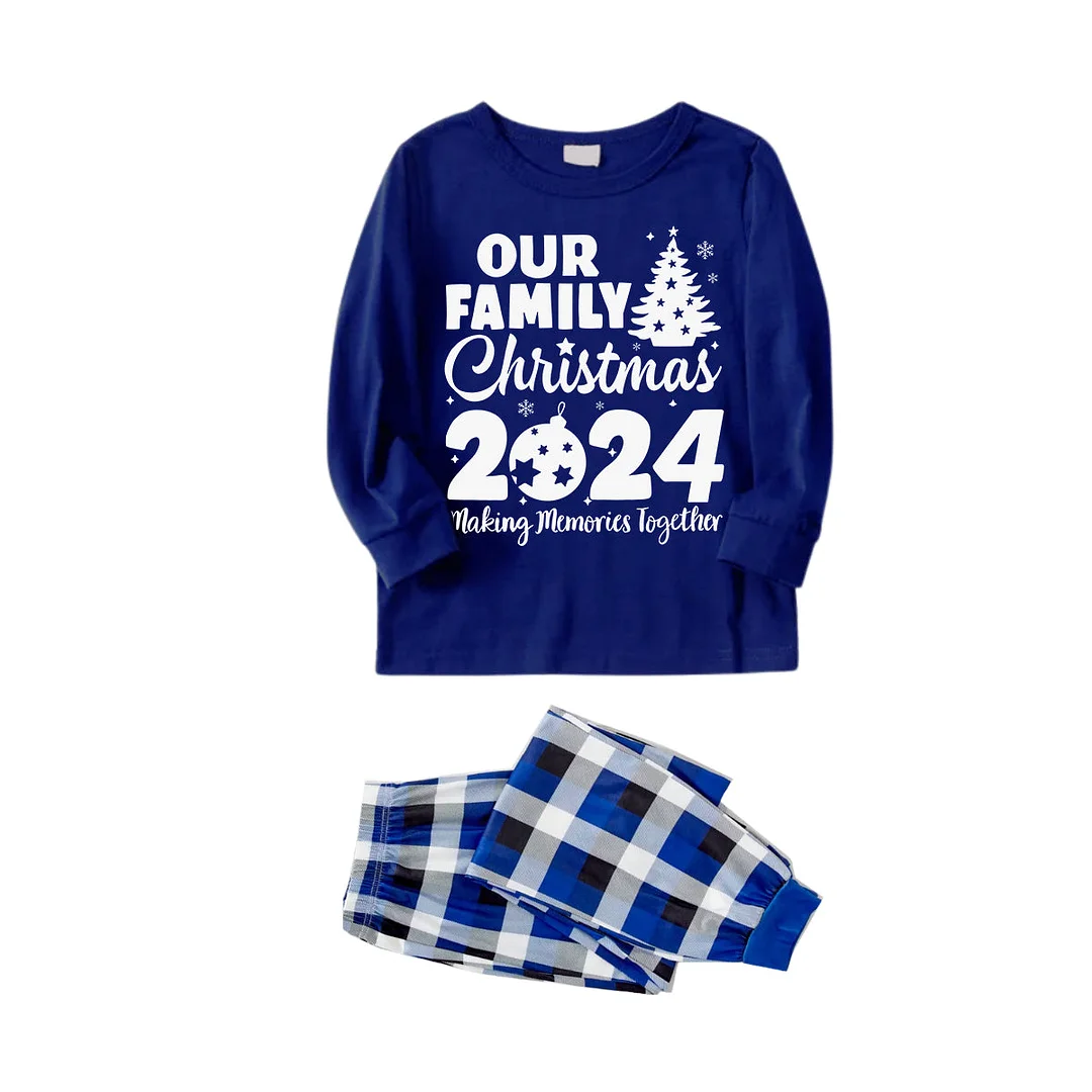 'Our Family Chirstmas 2024 Making Memories Together' Letter Print (White) Blue Long Sleeves with Blue&White&Black Plaid Pants Family Matching Pajamas