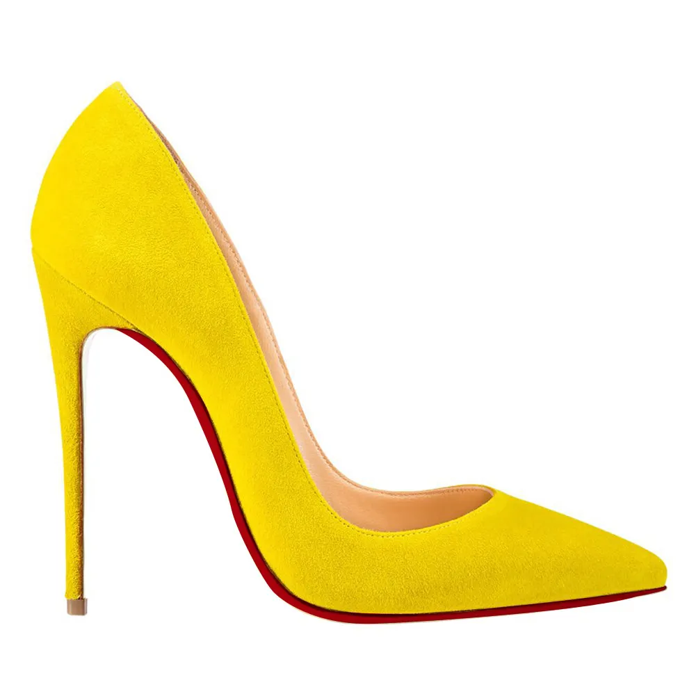 120mm Women's Party Wedding Heels Pumps Yellow Suede-vocosishoes