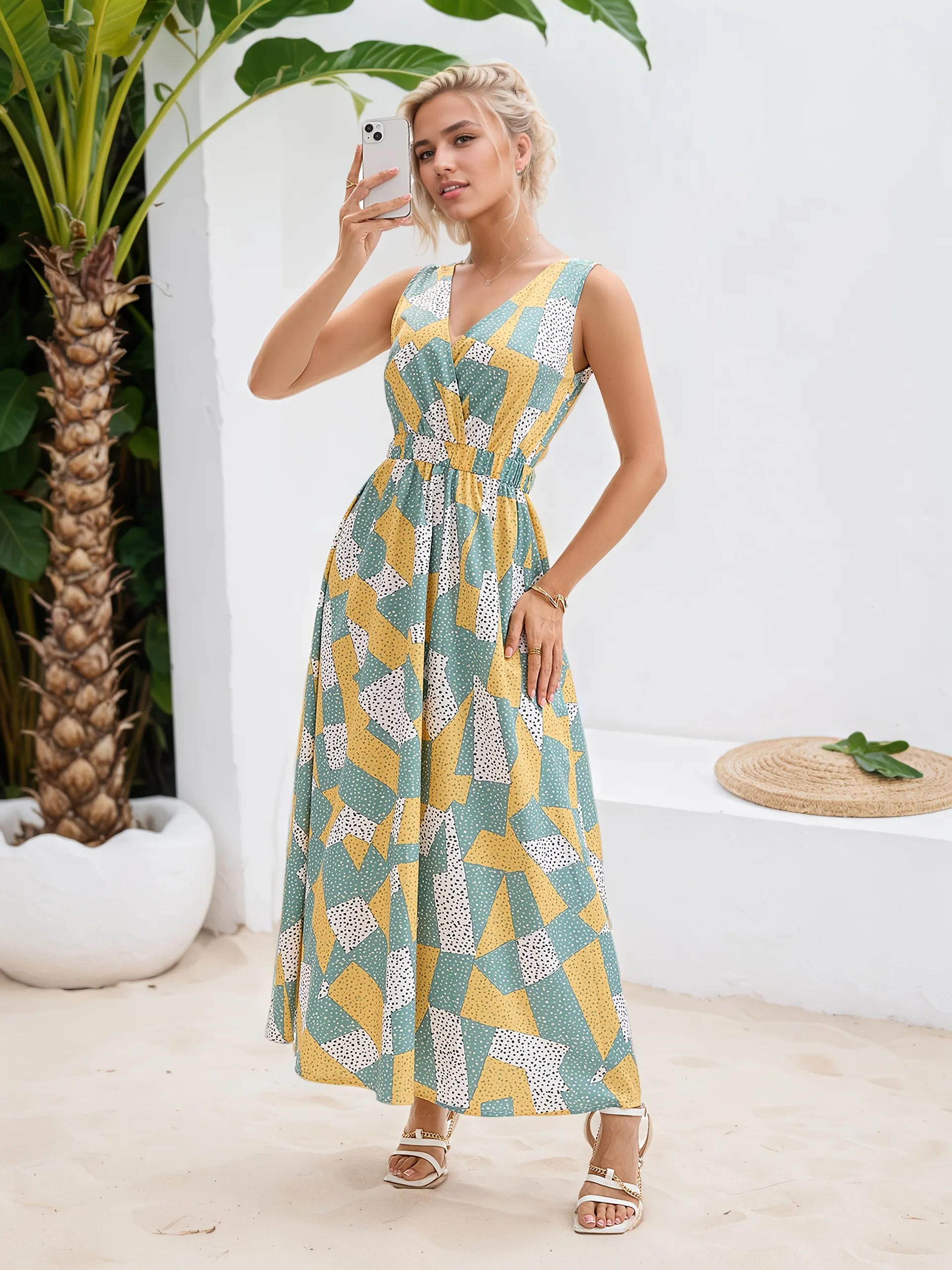 Womens Elegant Sleeveless V-Neck Maxi Dress-Flattering A-Line Silhouette-Non-Stretchy