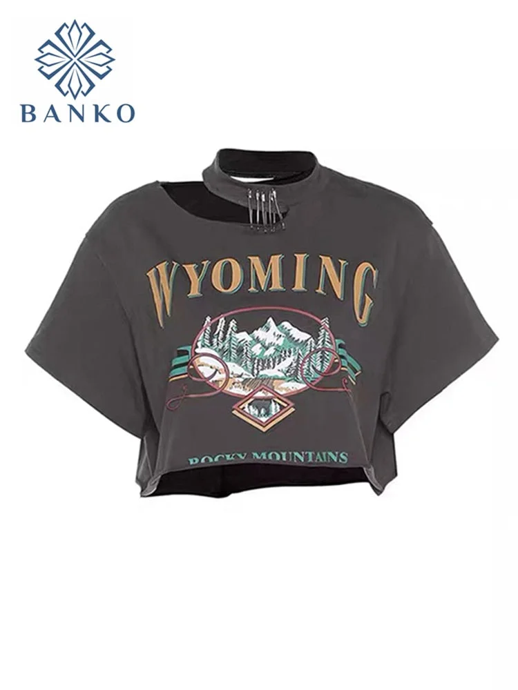 2022 Summer Gothic Y2K Short Sleeve T-Shirt Print O-neck E-girl Casual Fashion Crop Top Loose Punk Women Tee Streetwear Design