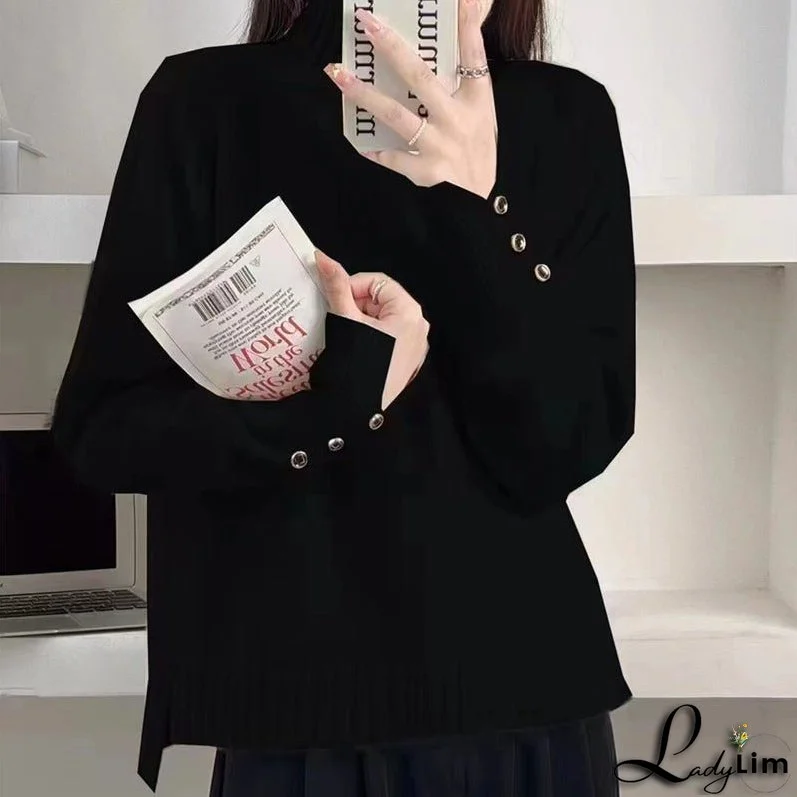 Knitted shirt with double neck pullover and long sleeves with split hem