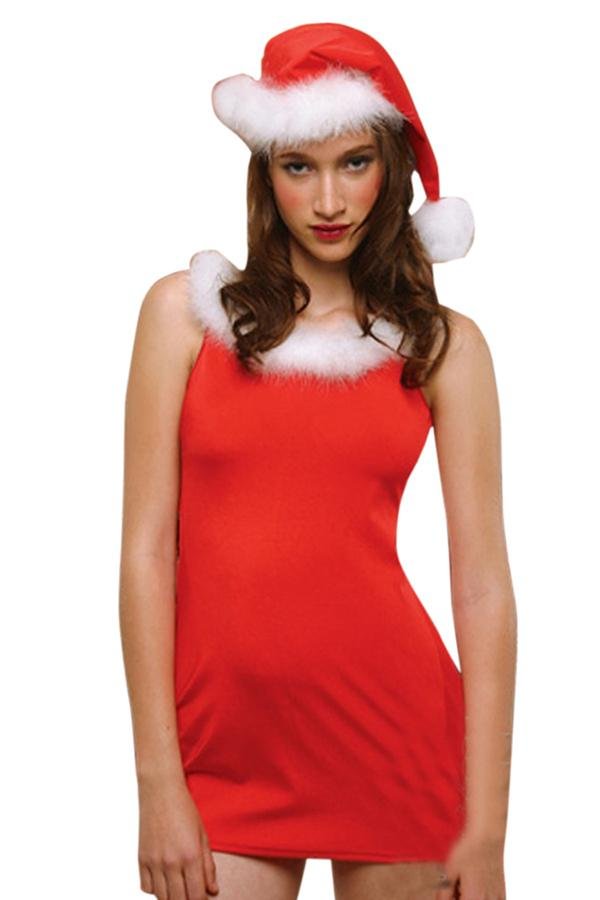 Womens Sexy Fur Trim Sleeveless Hat Christmas Santa Costume Red-elleschic
