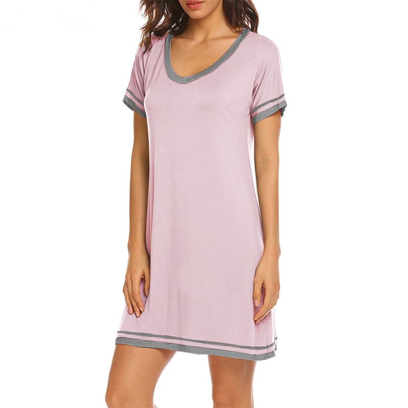 Round Neck Contrast Stitching Loose Short Sleeve Medium Length Dress