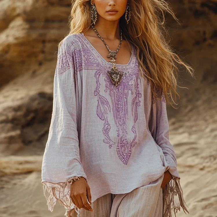 Desert Style Holiday Bohemian Vintage Linen Casual Top
