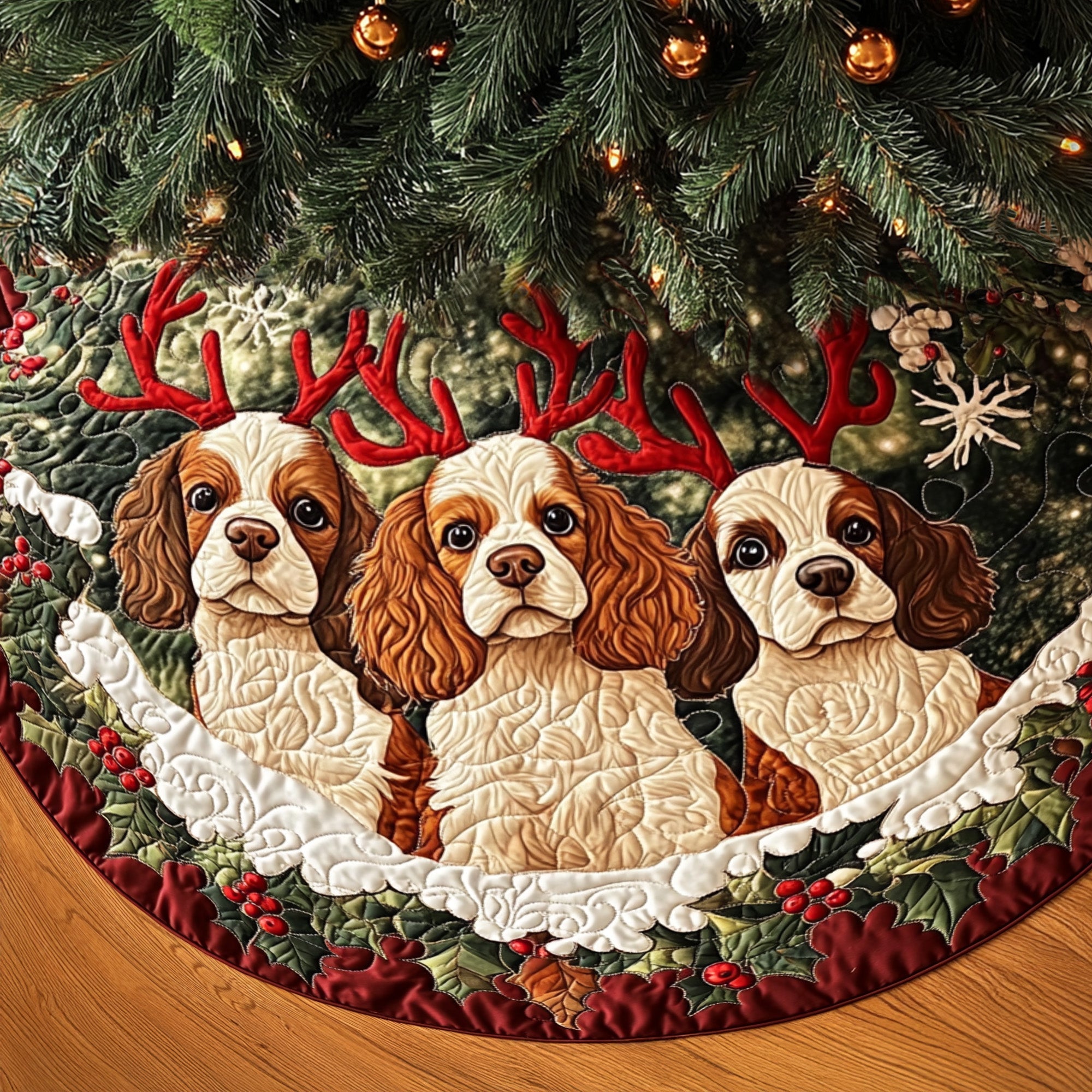 Spaniel Noel Delight Quilted Christmas Tree Skirt NCU0PT2075