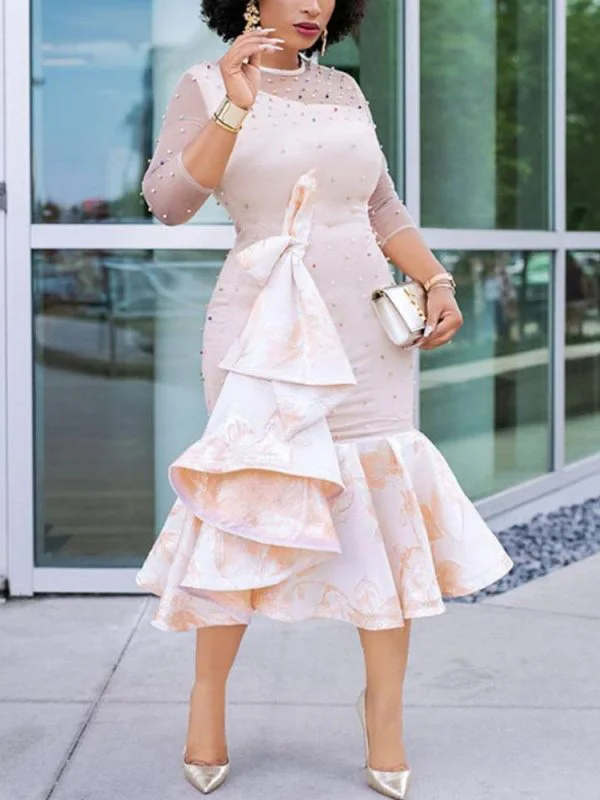 Elegant Half Sleeve Beaded Decorate Mesh Falbala Fashion Midi Dress