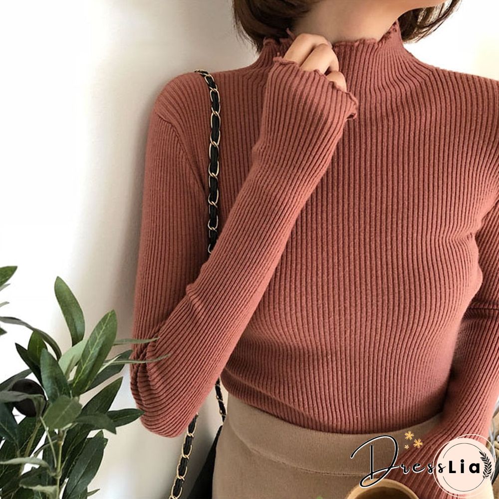 Christmas Gift Womens Sweater Women Knitted Ribbed Pullover Long Sleeve Ruffles Turtleneck