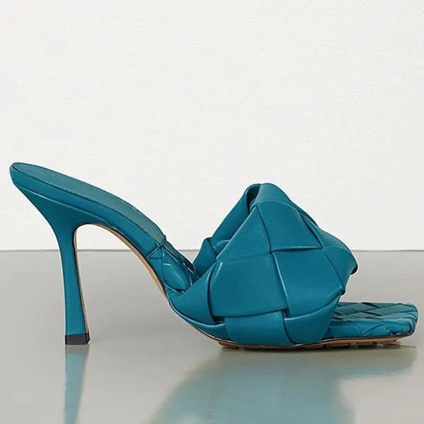 Square Open Toe Heeled Woven Leather Mule Slip On Quilted High Heels