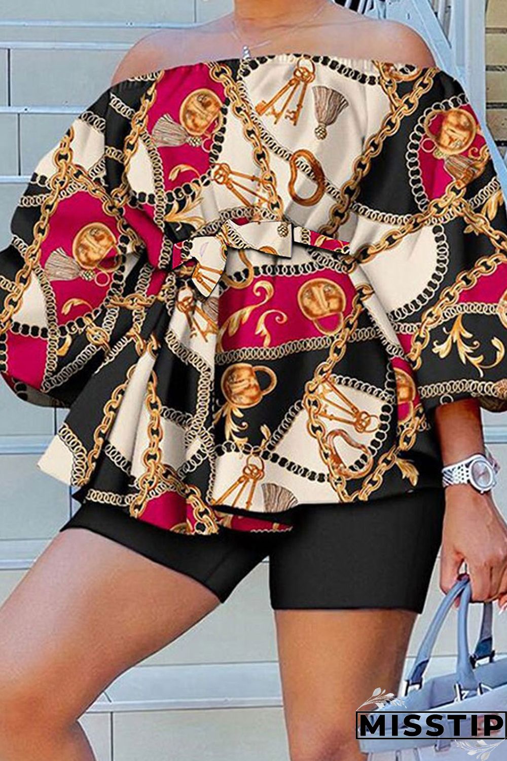 Green Yellow Casual Print Patchwork Off the Shoulder Long Sleeve Two Pieces