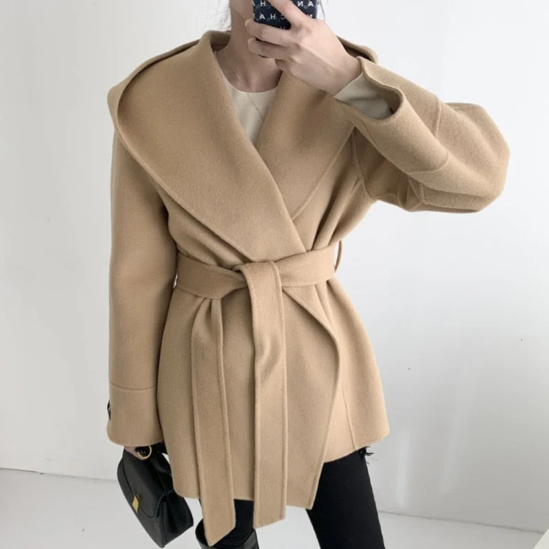 Aachoae Women Solid Color Wool Coats With Belt Long Sleeve Hooded Pockets Coats Female Chic Elegant Outerwear