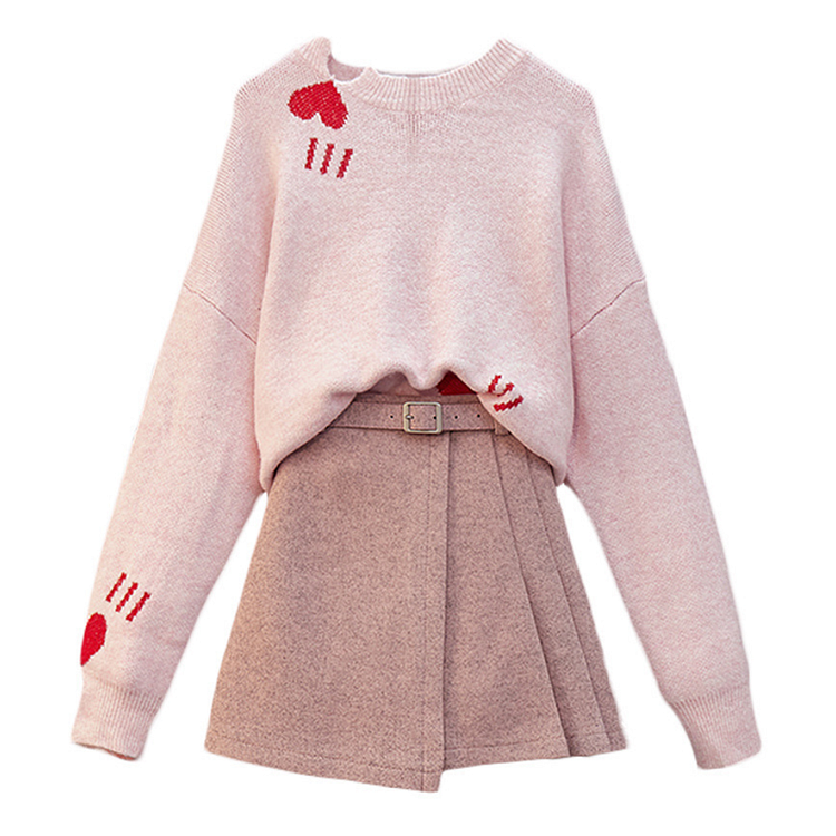 Love Heart Sweater A-Line Skirt Set - Modakawa Modakawa