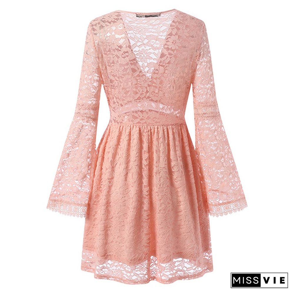 Womens Lace Stitching Elegant Dress Flare Long Sleeve Neck Party Casual Loose Mini Plus