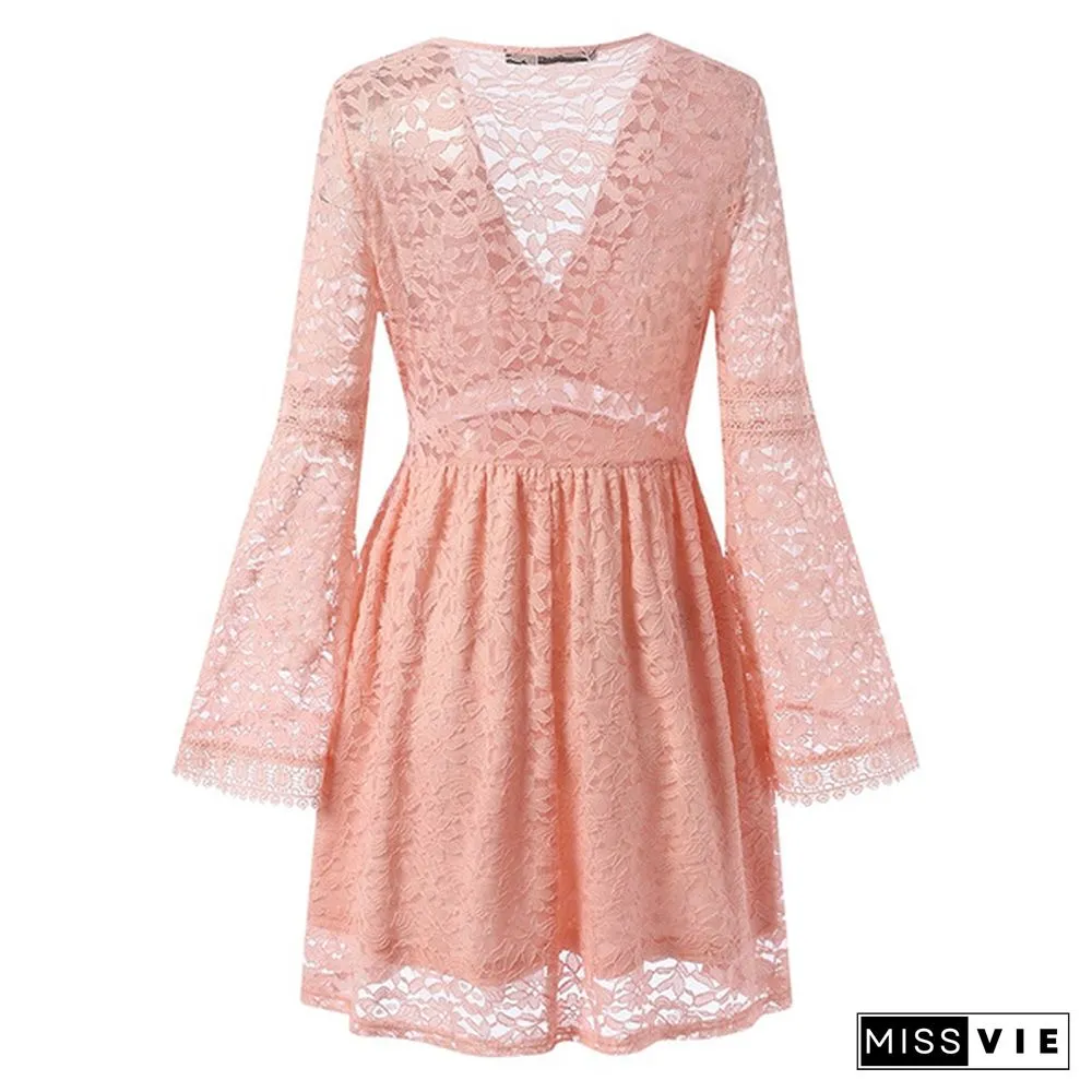Womens Lace Stitching Elegant Dress Flare Long Sleeve Neck Party Casual Loose Mini Plus
