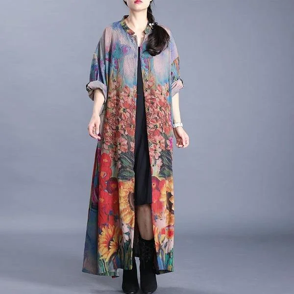 Spring Leisure All-match Fashion Floral Print Loose Comfortable Women Plus Size Coats