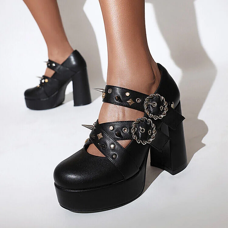 Round Toe Rivets Loafers Women's Platform Chunky Heel Shoes Vintage Buckle Pumps |FSJ Shoes