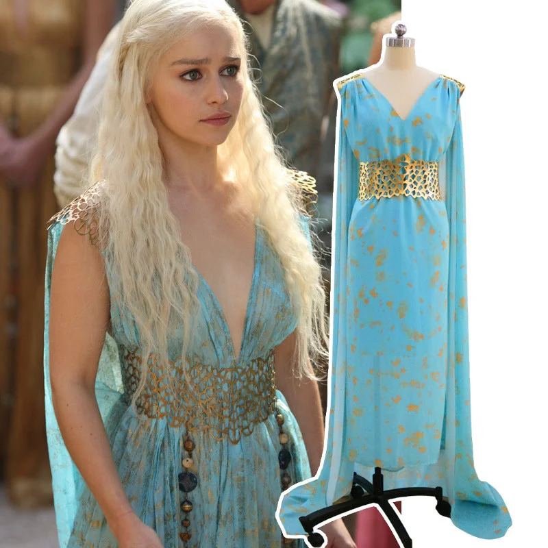 Halloween Cosplay Daenerys Targaryen Blue Dress-elleschic