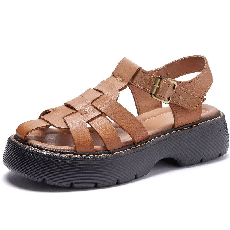AIYUQI Sandals Women Summer 2021 New Genuine Leather Baotou Roman Sandals Ladies Retro Hollow Woven Women Sandals