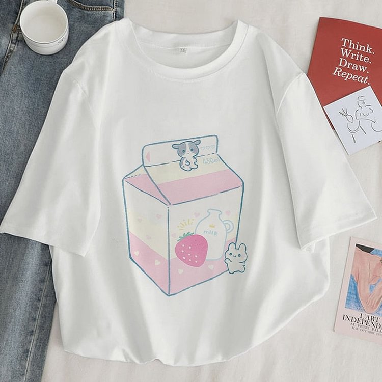 Animal friends Strawberry Milk Printed T-shirt - Gotamochi Kawaii Shop, Kawaii Clothes