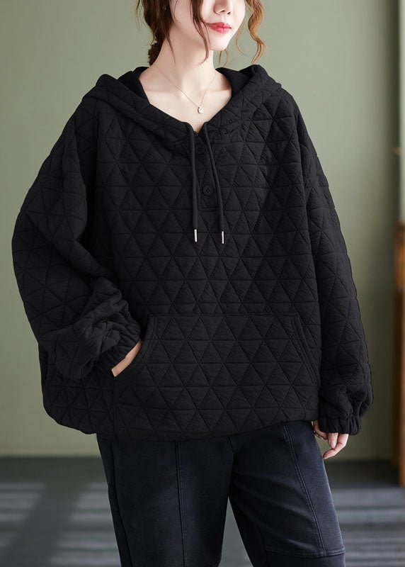Organic Black Hooded thick Cotton Sweatshirts Top Winter CK2768- Fabulory