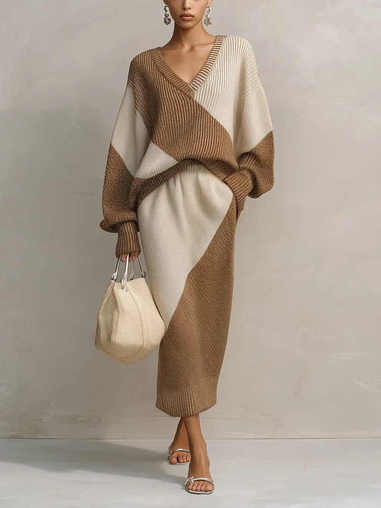 Women&rsquo;s Color Block V-Neck Knit Midi Dress &ndash; Oversized Long Sleeve Casual Sweater Dress
