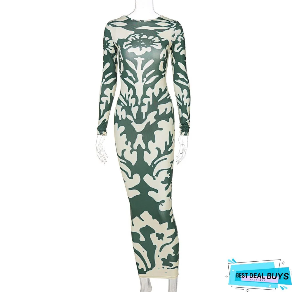 Fashion Printed Slim Back Long Sleeved Dress For Women