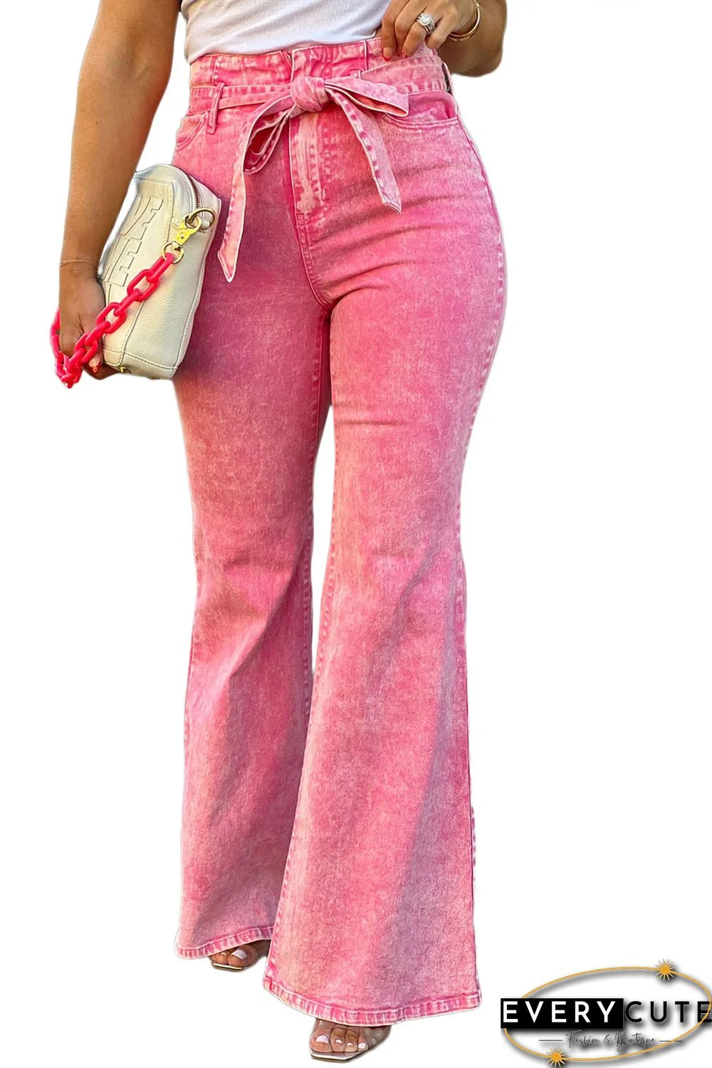 Pink Flare Leg High Waist Front Knot Casual Jeans