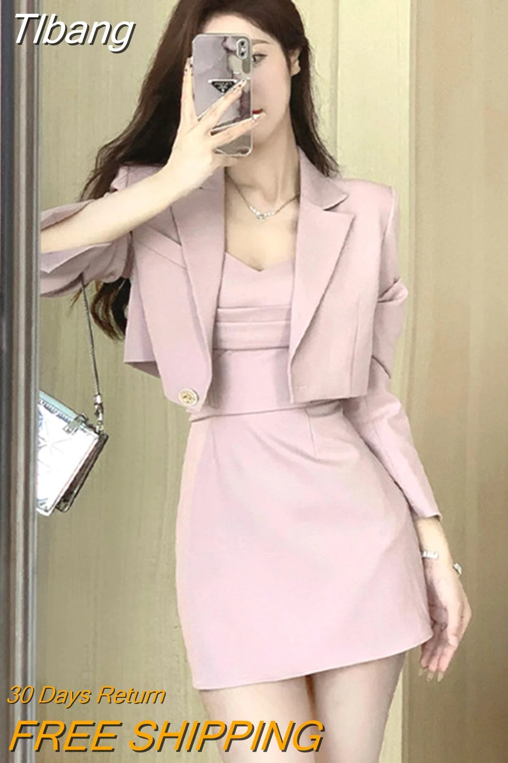 Tlbang Pink Two Piece Dress Set Women Blazer Coat+Strap Dress Set Female Casual Korean Fashion Slim Elegant Dress Suit 2023 New
