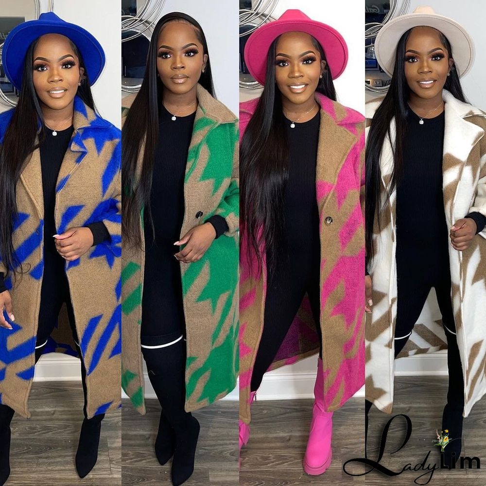 Women Color Block Long Sleeve Turndown Collar Print Jacket