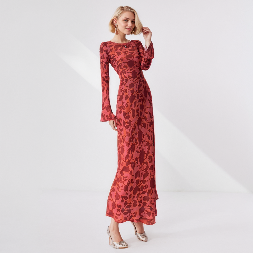 Red Floral Silk Wrap Dress Long Evening Gown Style REAL SILK LIFE