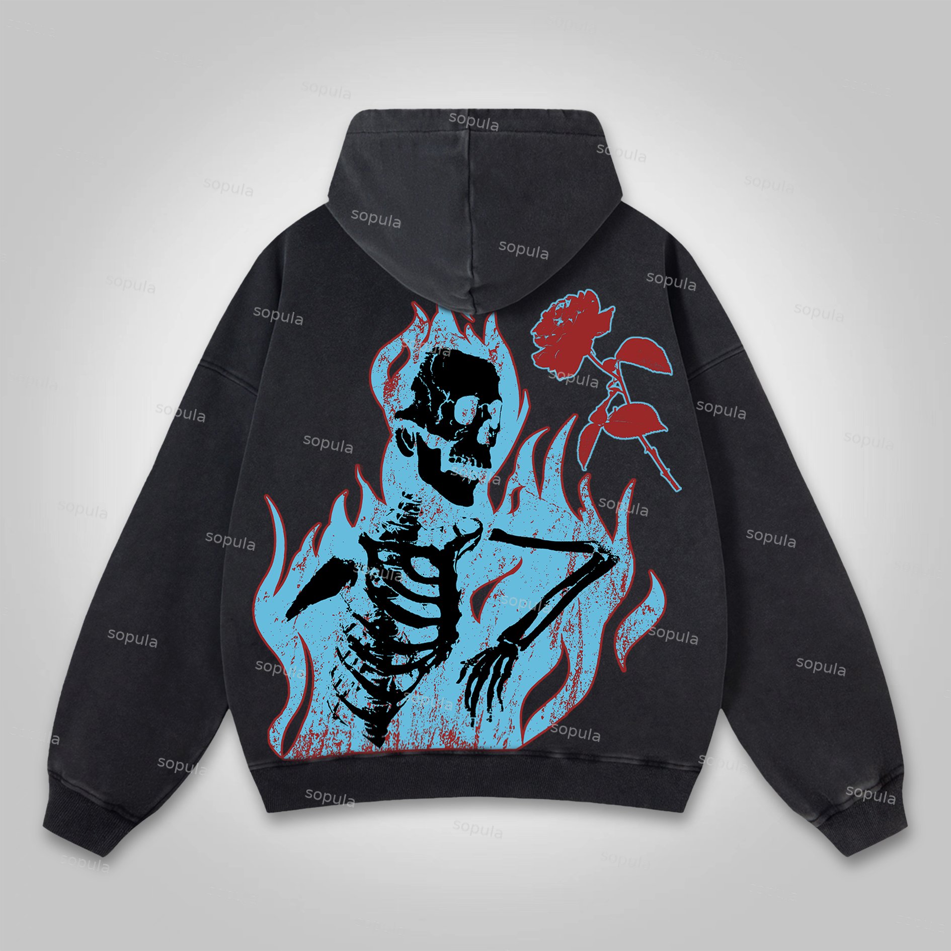 Sopula Rose Flame Skeleton Graphic Print Acid Wash Pullover Hoodie - SOPULA