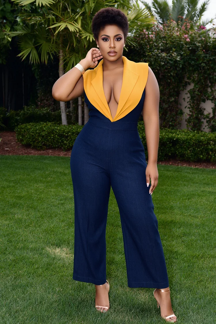 Deep V Shawl Collar Colorblock Sleeveless Wide Leg Jumpsuit-Navy [Pre Order]