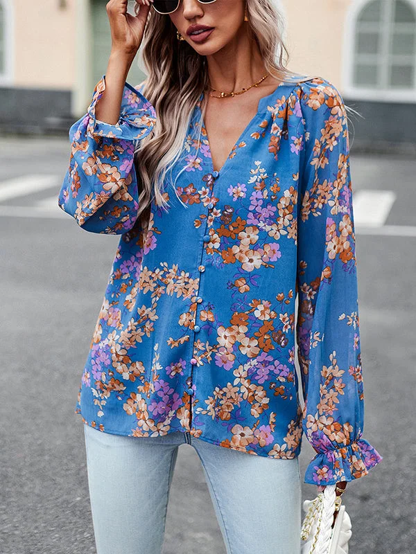 Buttoned Elasticity Flower Print Long Sleeves Loose Deep V-Neck Blouses&Shirts Tops