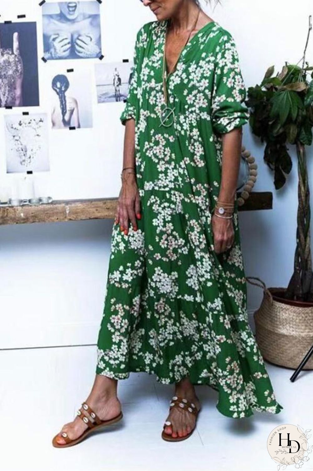 Casual V-Neck Print Boho Maxi Dress P10663