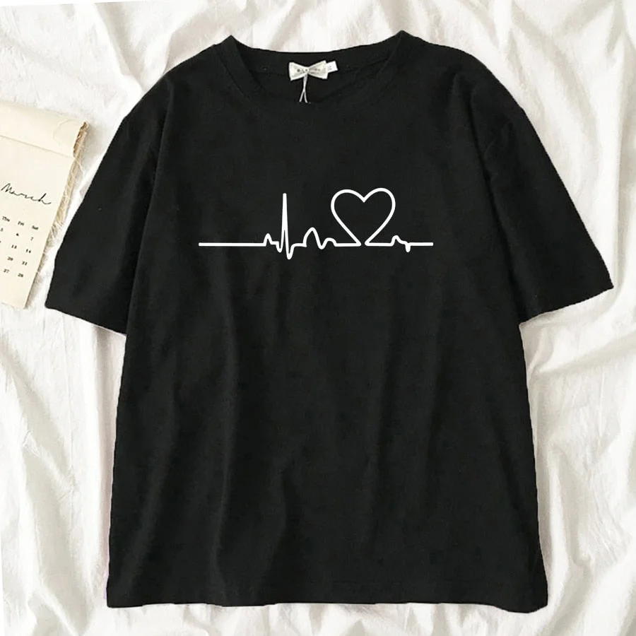 Heartbeat  Women Black T Shirt 2022 Girl Harajuku 90S Korean Style Graphic Tops Female Y2K Kawaii Lady T-shirt,Drop Ship