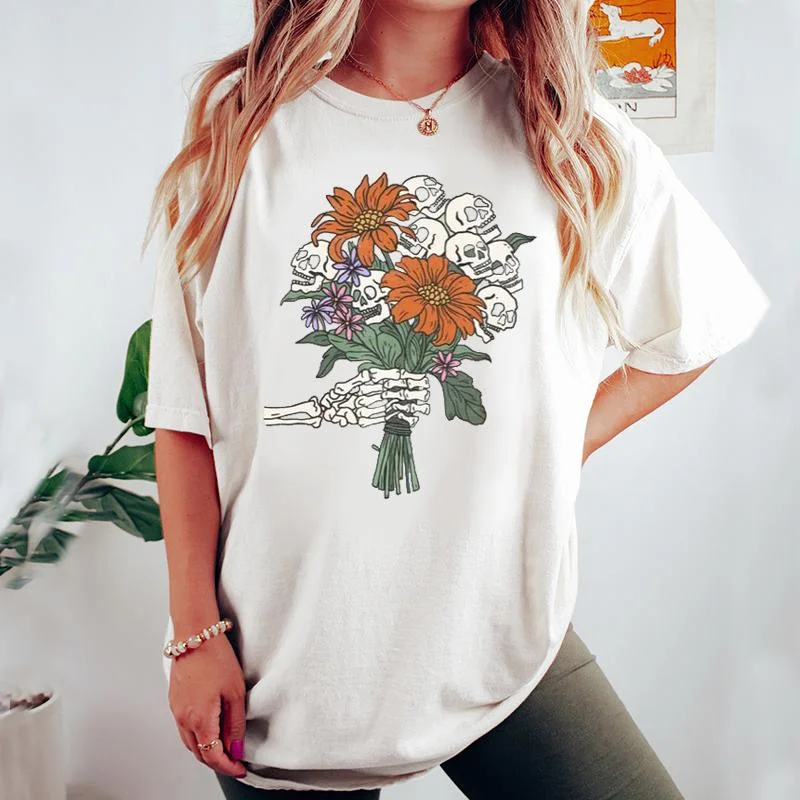Halloween Skull and Flowers Cotton T-Shirt