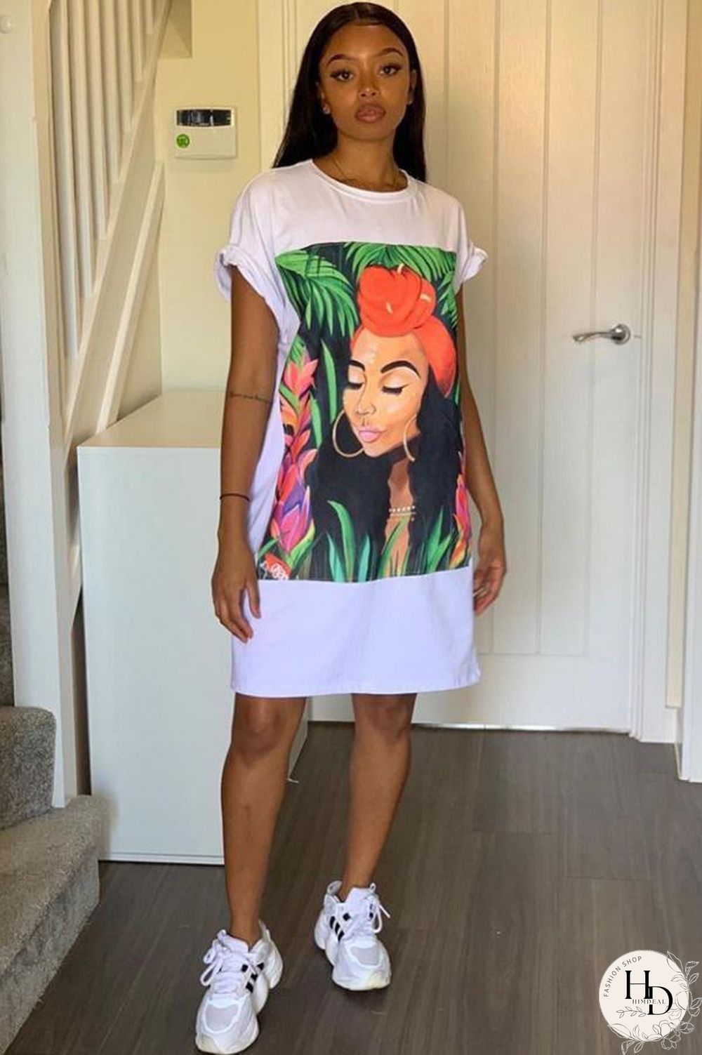 Black Cotton Casual Bat sleeve Short Sleeves O neck Step Skirt Knee-Length Print head portrait Print Dres