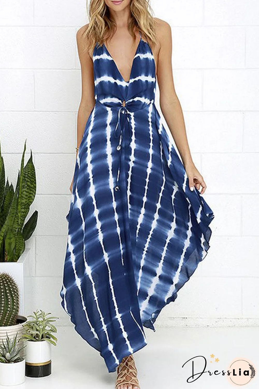 Fashion Bohemian Print Backless V Neck Irregular Dresses
