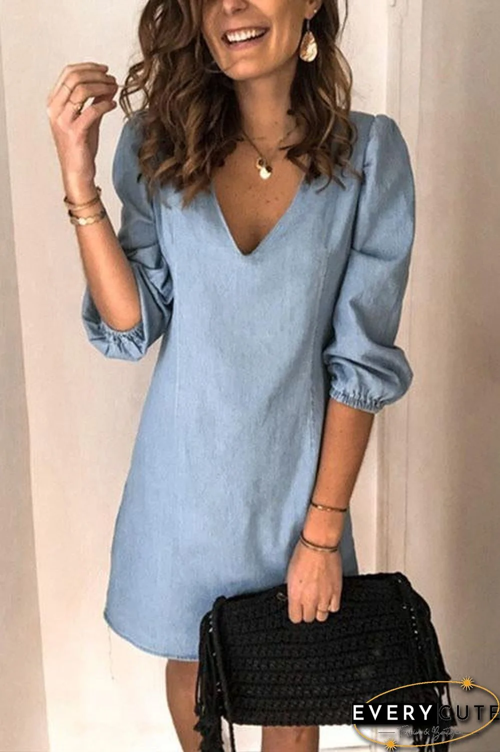 Casual V Neck Elastic Cuff Sleeve Mini Dress(5 Colors)