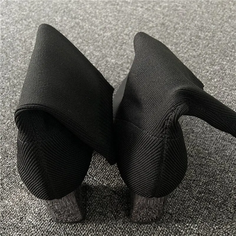 2022 Women Stretch Knitted Sock Boots 7cm 9cm High Heels White Ankle Boots Stripper Low Block Heel Lady Warm Winter Chunky Shoes