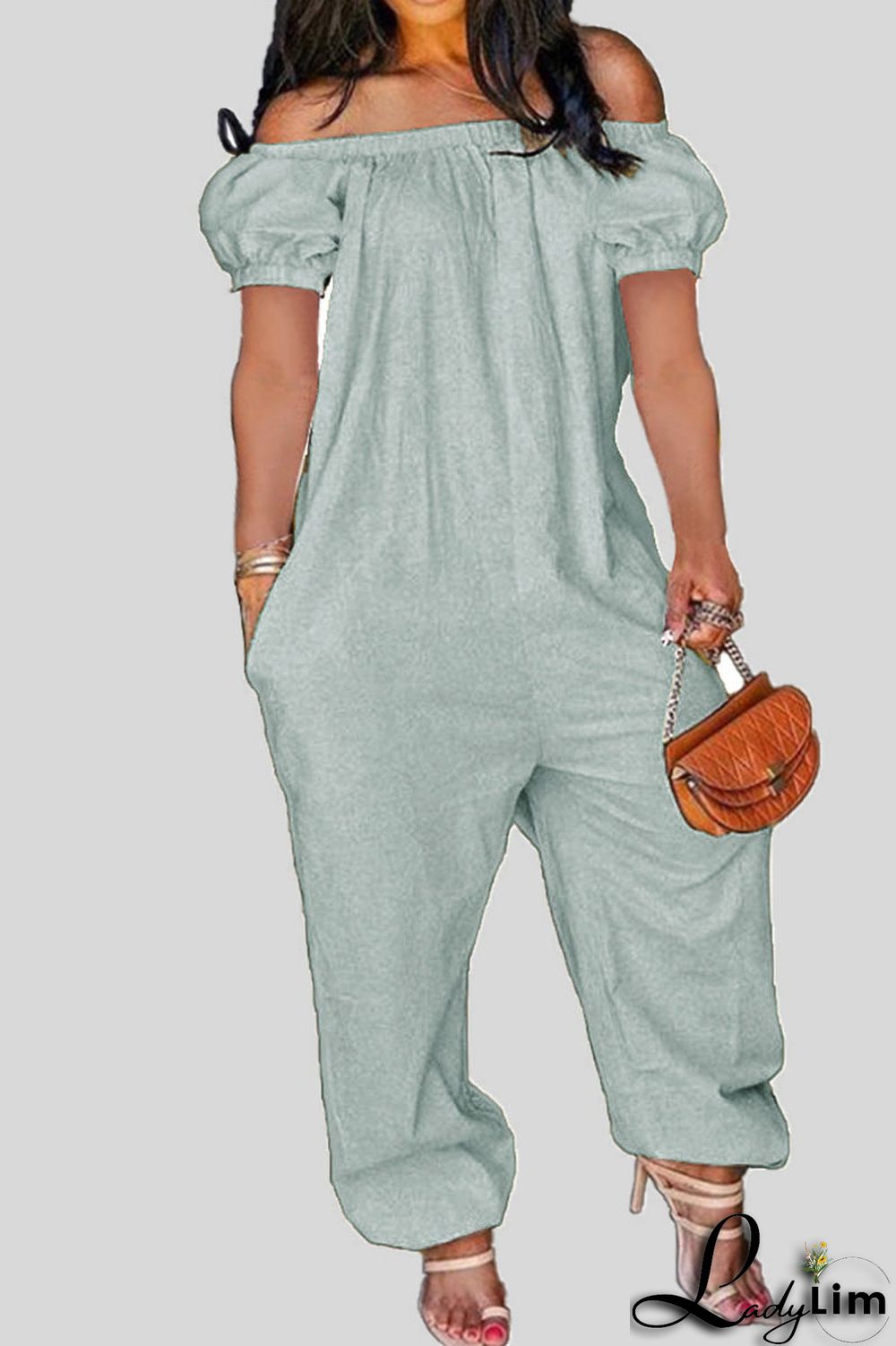 Tangerine Red Casual Solid Patchwork Off the Shoulder Loose Jumpsuits