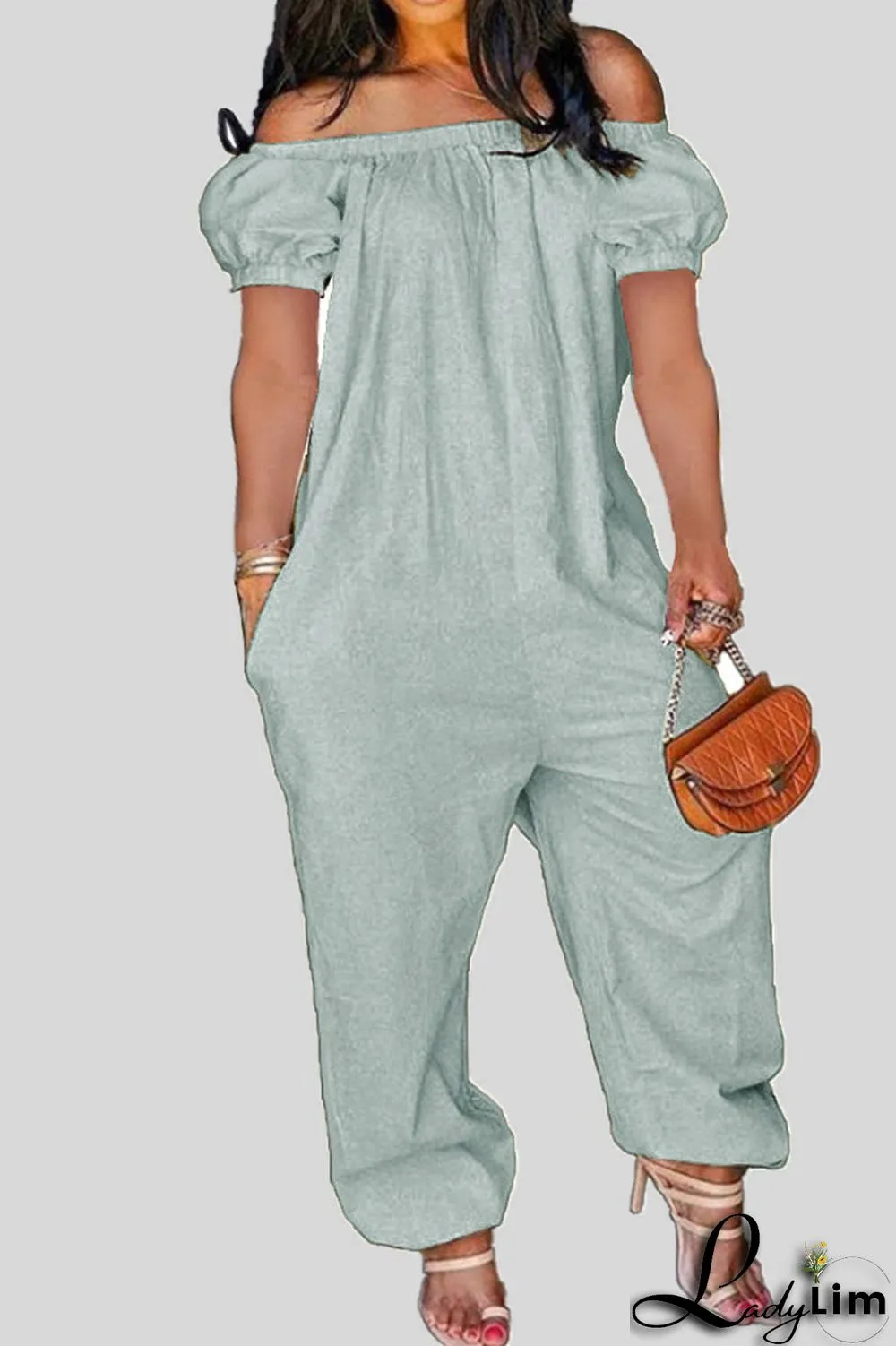 Tangerine Red Casual Solid Patchwork Off the Shoulder Loose Jumpsuits