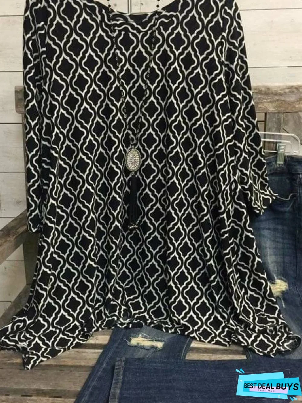 3/4 Sleeve Floral-Print Geometric Crew Neck T-shirt